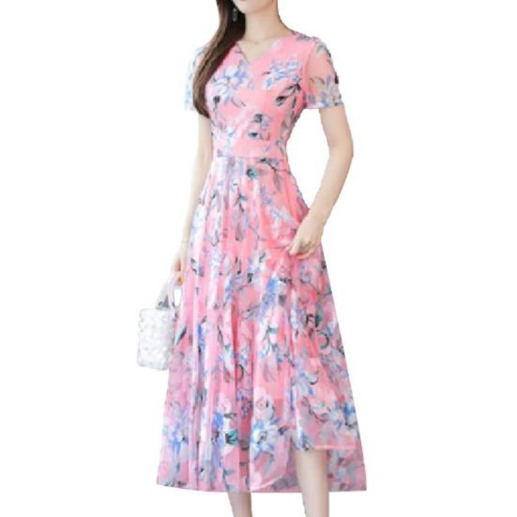 Waist Tight Floral Print Summer Women Midi Dress Streetwear Short Sleeve Dress for Party