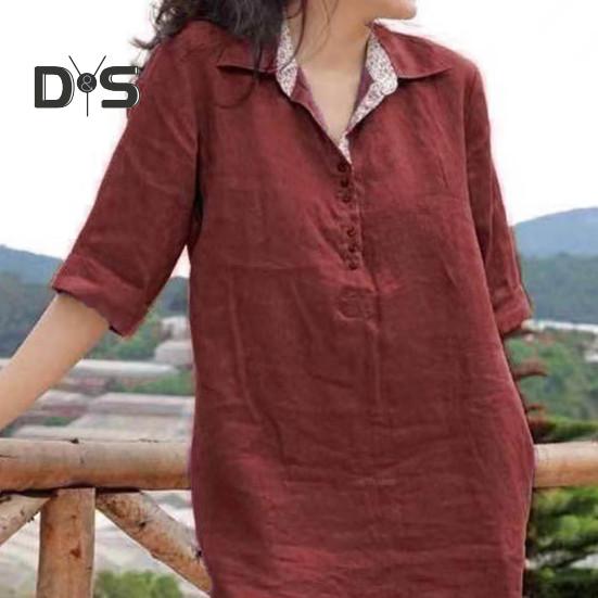 Women Dress Loose Three Quarter Sleeves Solid Color Lapel Knee Length Soft A Line Casual Spring Summer Midi Dress