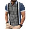Summer Men's Casual Striped Houndstooth Digital Print T-Shirt Zipper Polo Shirt
