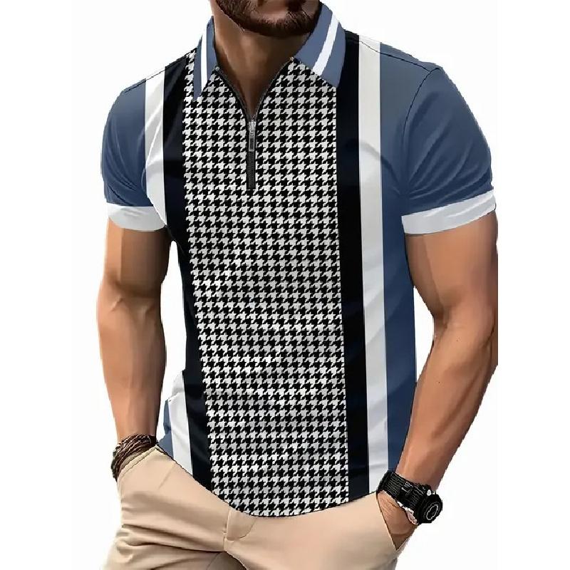 Summer Men's Casual Striped Houndstooth Digital Print T-Shirt Zipper Polo Shirt