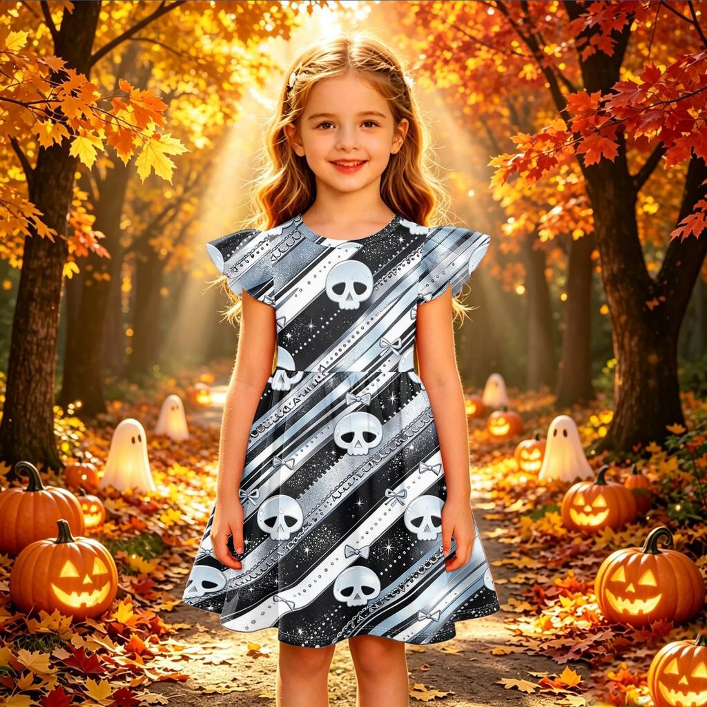 Kids Halloween Printed Dress with Sleeve Casual Party Dress for Girls