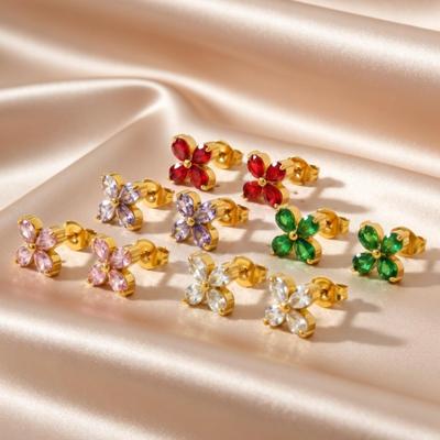 Dainty Shiny Colorful Zircon Flower Stainless Steel Stud Earrings for Women Hypoallergenic Piercing Trendy Luxury Jewelry Gifts