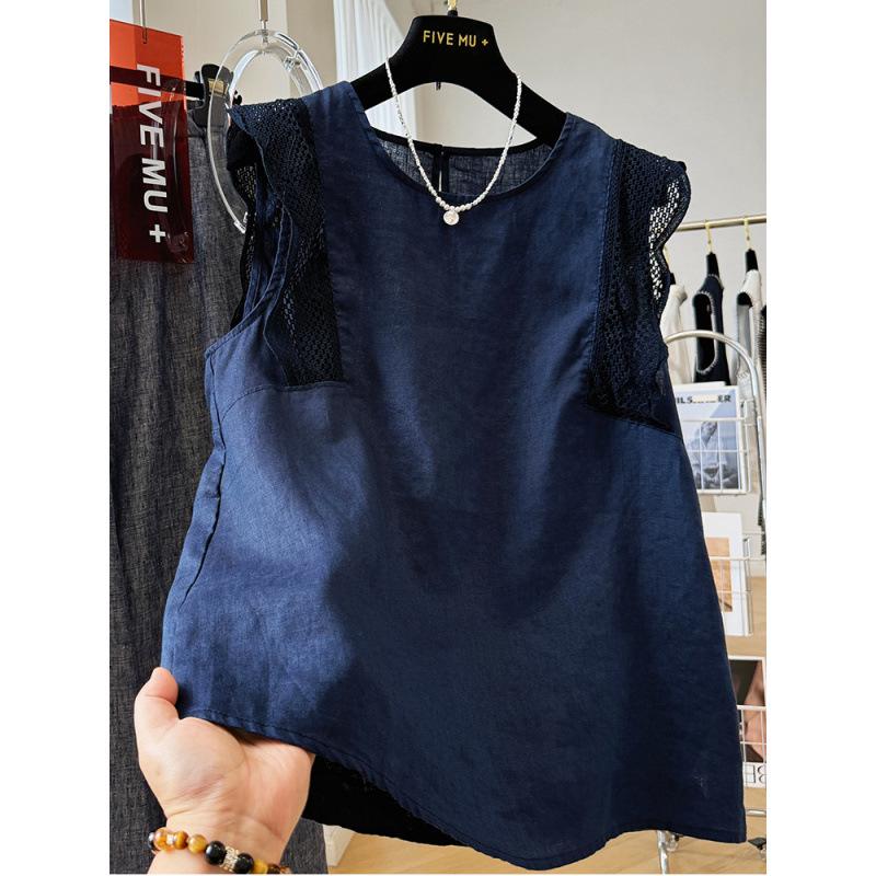 Korean Puff Sleeve Lace Trim Cotton Linen Sleeveless Women s Summer Top Double Extra Large
