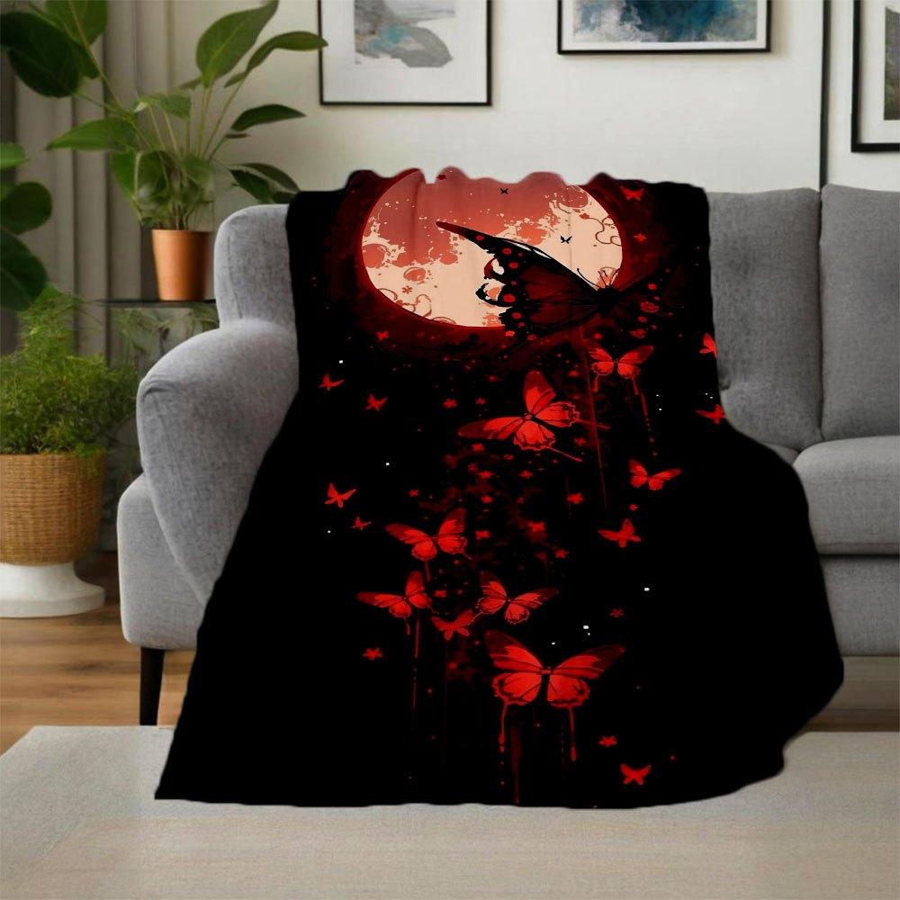 "Red Butterfly Moonlit Night Wall Art Print"Blanket Flannel Throw Blanket for Sofa, Bed, Travel, Camping, Office