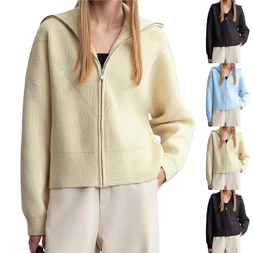 Women's Fashion Casual Navy Collar Long Sleeve Cropped Top Lazy Style Zipper Knitted Cardigan Sweater Jacket