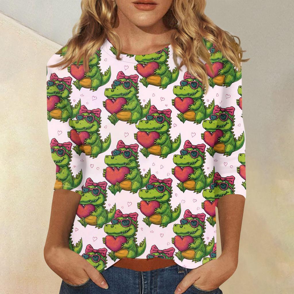 Damen Modisches Lässiges Dreiviertelarm Herzförmig Bedrucktes Rundhals-Top