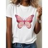 European Size European Size Women's White Bohemian Butterfly & Floral Blouse - Short Sleeve T-Shirt with Pink & Purple Print, Round Neck Relaxed Fit
