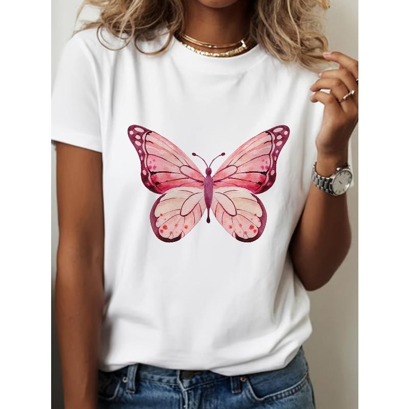 

European Size European Size Women s White Bohemian Butterfly & Floral Blouse - Short Sleeve T-Shirt with Pink & Purple Print, Round Neck Relaxed Fit 4XL білий