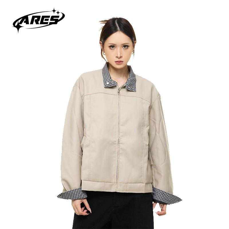 ARESWINGS Plaid Stand Collar Harrington Jacket Loose Fit Casual Outerwear Men Women