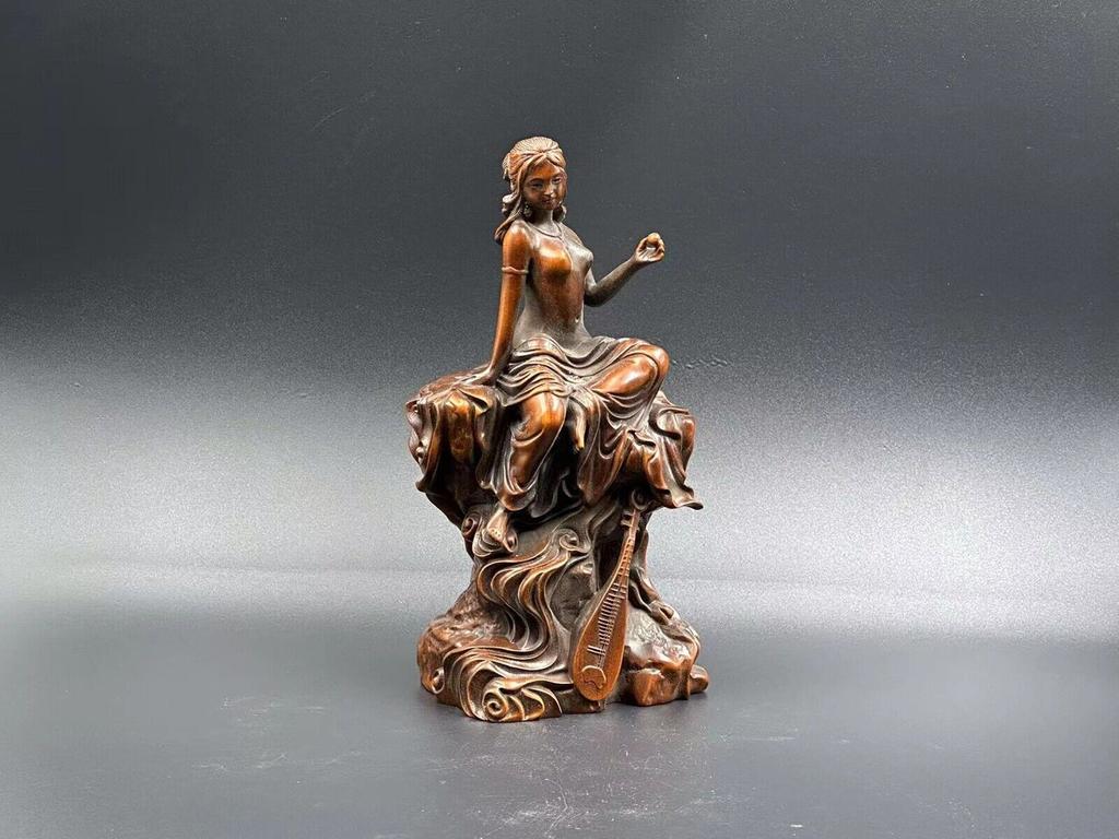 Chinese Antique Boxwood Carved Pipa Beautiful Woman Statue Sculpture Home Decor