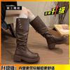Leather pleated pile boots two wear brown boots women 2025 thick sole but knee small tall knight boots