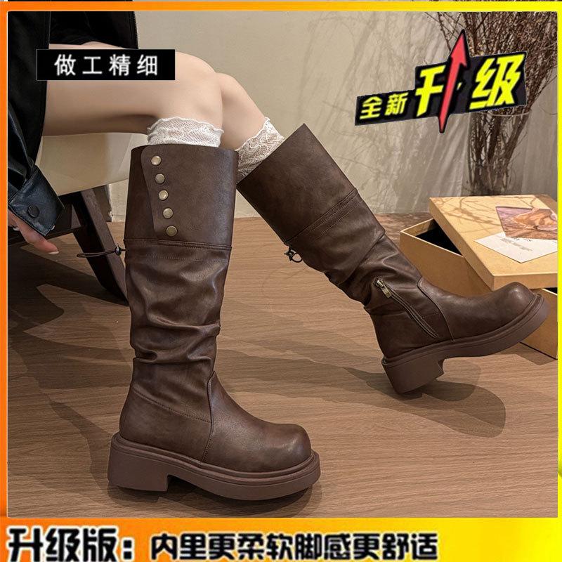 Leather pleated pile boots two wear brown boots women 2025 thick sole but knee small tall knight boots