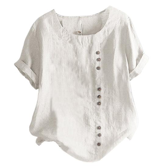Dame Sommeroverdeler Rundhalset Kortermet Loose Fit T-skjorte Ensfarget Knapper Innredning Uformell Pullover Topper Daglig slitasje