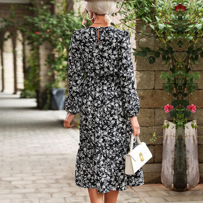 YYFS Women's Fashion Summer Spring Floral Print Long Sleeve O-Neck High Waist Casual Dresses