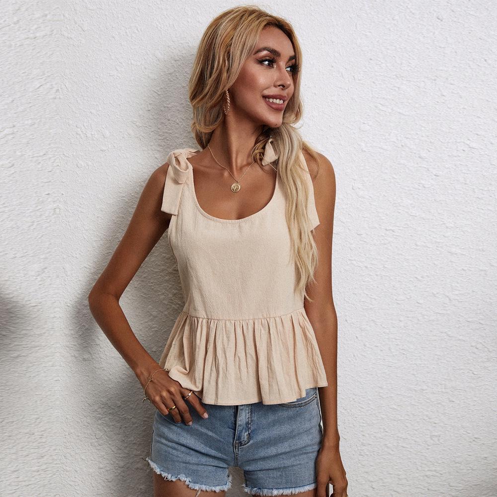 Women s Loose Versatile U-Neck Cotton Linen Camisole T-Shirt L