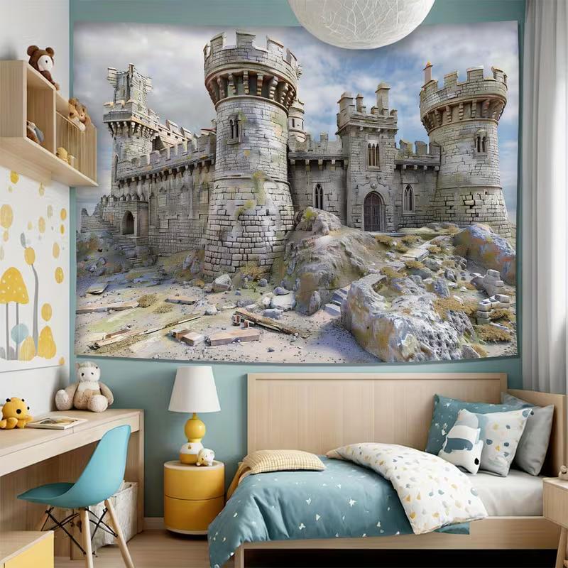 2D Fantasy Medieval Castle Ruins Tapestry Ancient Stone Fortress Wall Decor Cloth for Home & Bedroom