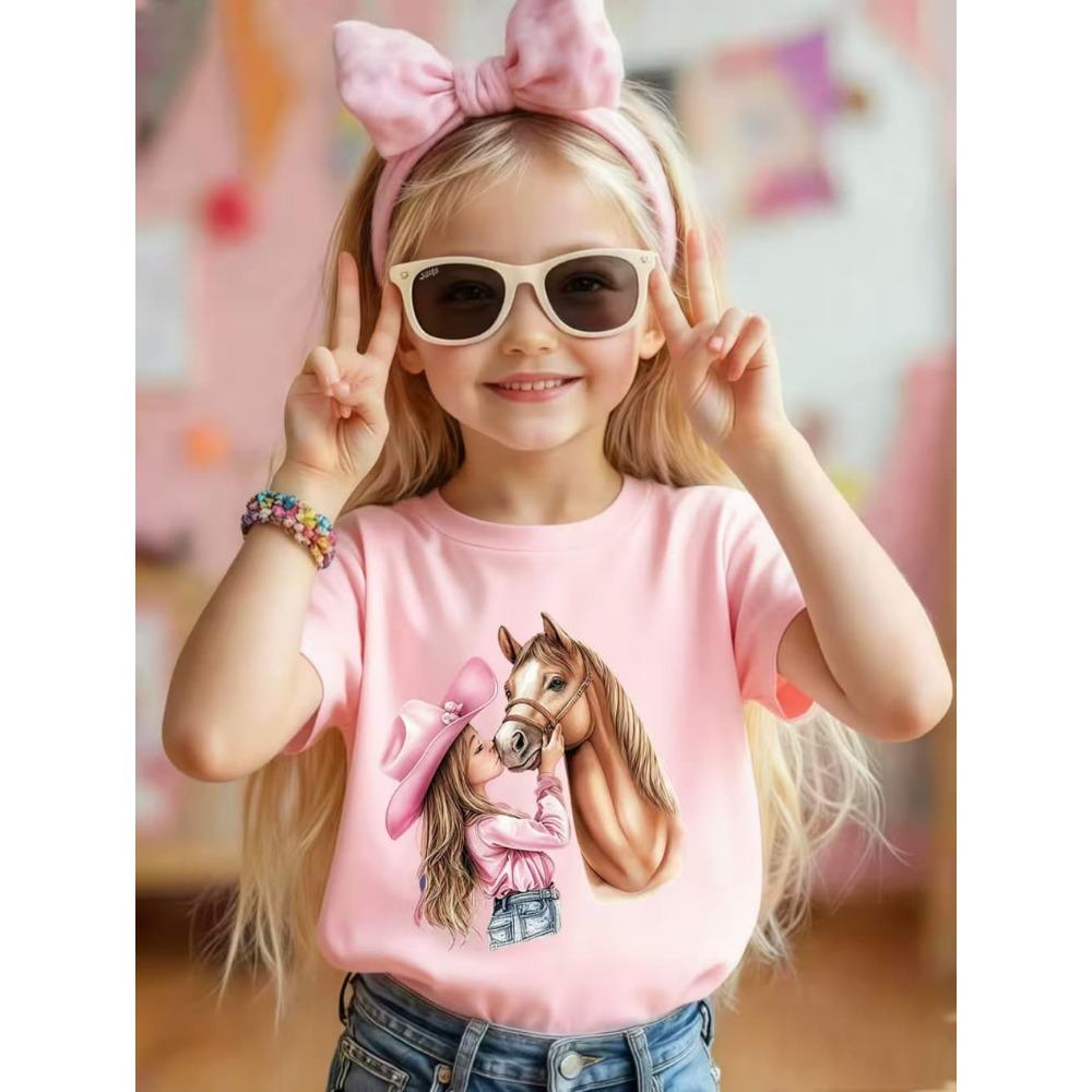 Girl Clothes Cow Girl Riding Horse 3D Print T-Shirt Western Festival Casual Top Summer Short Sleeve Outdoor Children's Clothing