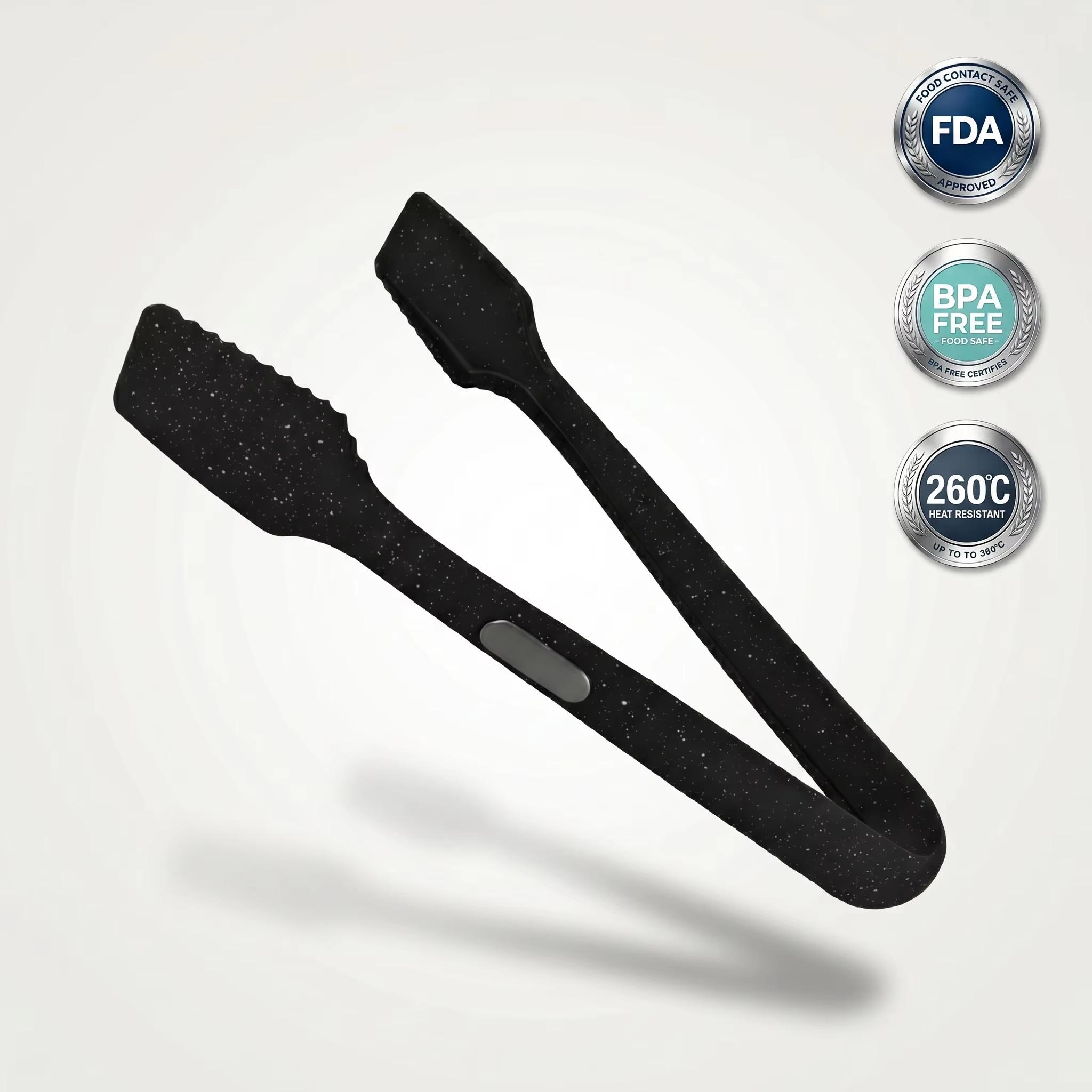 Food Grade Nylon Food Tongs Heat Resistant Non-Scratch Utensil for BBQ Baking & Non-Stick Cookware (Black,29.8*1.4cm)