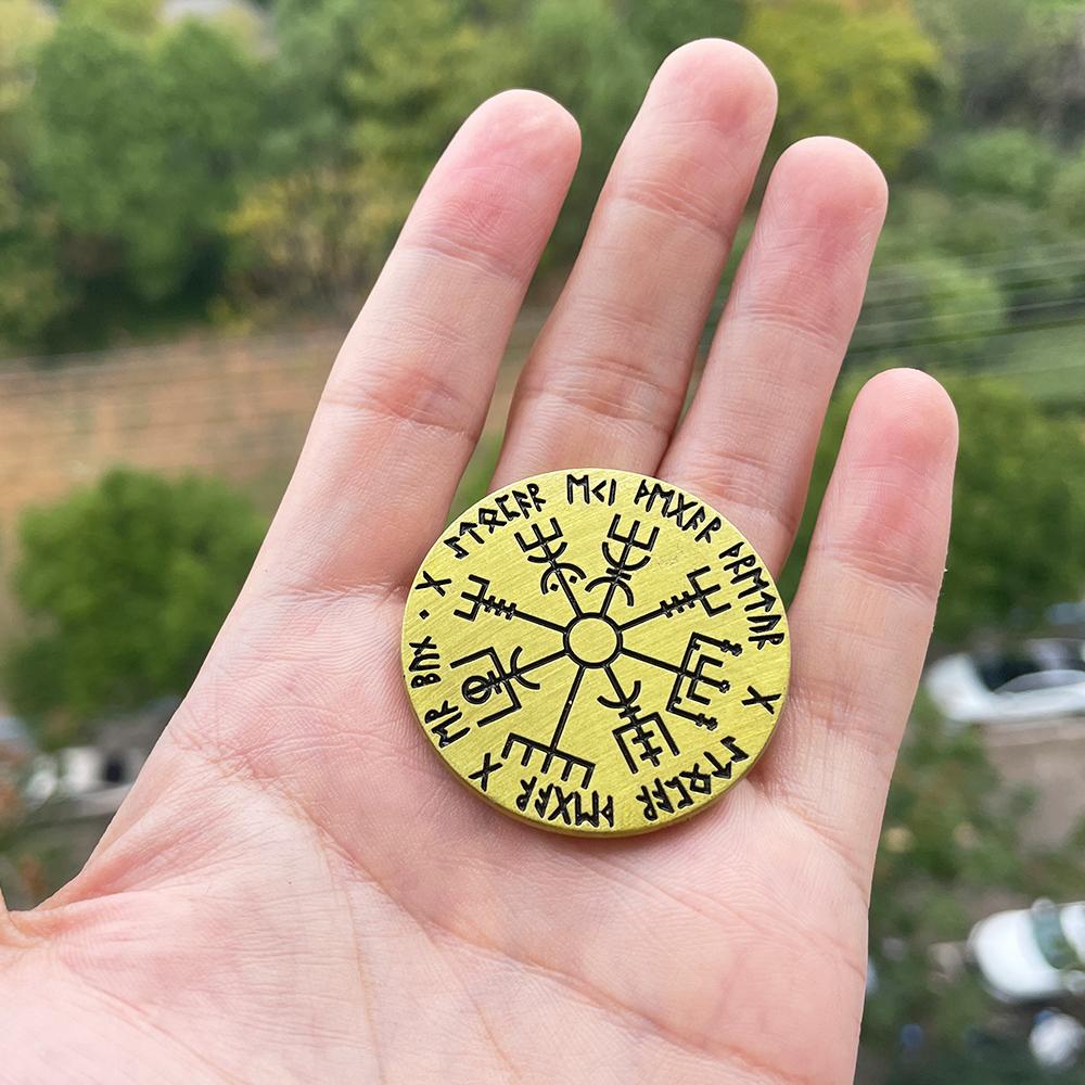 Nordic Vegvisir Viking Compass Coin Magical Rune Staves Numbering Coins Collection Talisman Souvenir Ornament