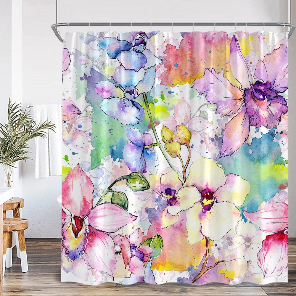 Watercolor Floral Shower Curtain Colorful Flower Blossom Butterfly Plants Bathroom Decoration Modern Bathtub Curtain with HooksW