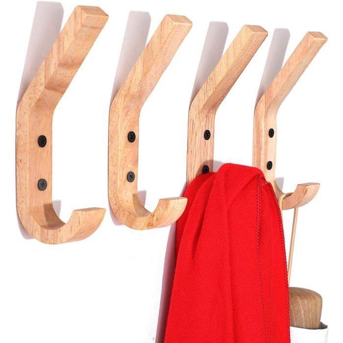Set of 4 Rubber Wood Wall Hooks – Double Hook Coat Racks 16×6×2.5 Cm, Beige