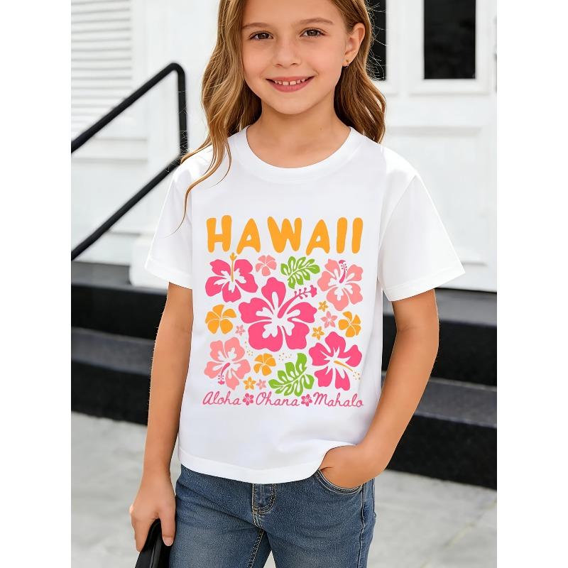 Girls Crew Neck Short Sleeve T-Shirt with Colorful Floral Print