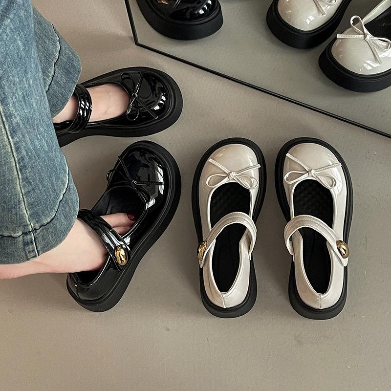 Fashion versatile platform British style small leather shoes women's 2025 new summer bow with skirt round head single shoes