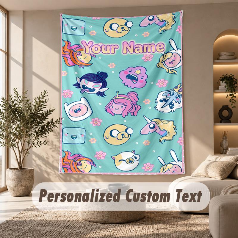 Adventure Time Cartoon Tapestry, Personalized Custom Text, Wall Hanging Tapestry For Living Room Home Wall Decor