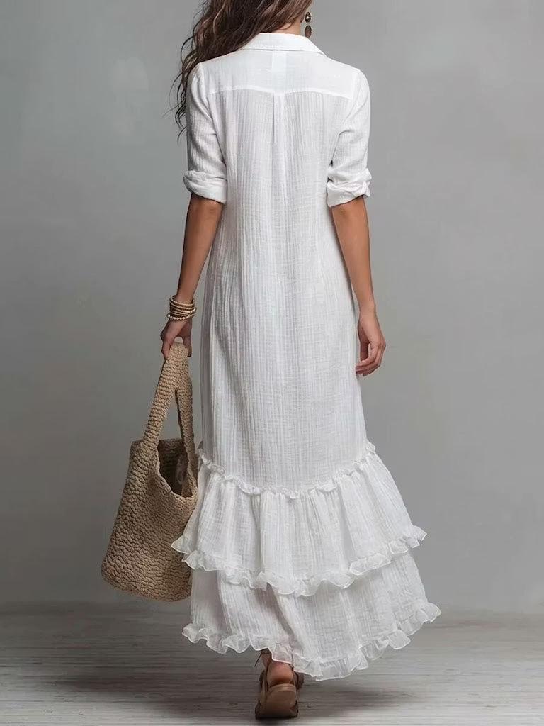 Cross-border new French lazy cotton and linen shirt ruffle edge commuting temperament loose large size split dress