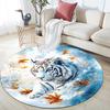 White Tiger with Falling Leaves Round Area Rug,Carpet Rug for Living Room Bedroom Sofa Playroom Decor,Non-slip Floor Mat