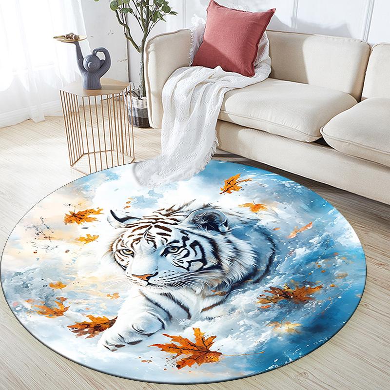White Tiger with Falling Leaves Round Area Rug,Carpet Rug for Living Room Bedroom Sofa Playroom Decor,Non-slip Floor Mat