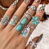 Wind Imitation Turquoise Ring Set, Creative Bull Head Flower Feather Multi-element Turquoise Ring 10-piece Set for Women
