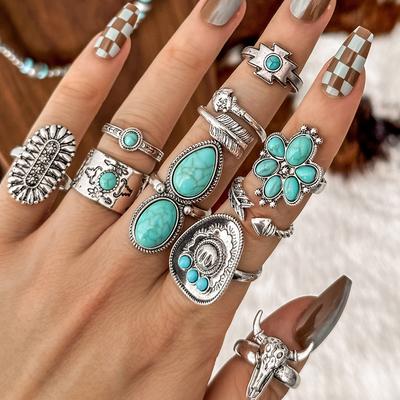 Wind Imitation Türkis Ring Set, Kreatives Stierkopf Blume Feder Multi-Element Türkis Ring 10-teiliges Set für Damen