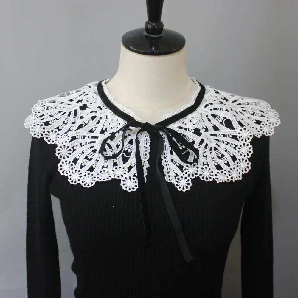 Perfect Match New Embroidered Lace-Up White Fake Collar For Girls, Black Lace-Up Floral Crochet Collar Dress Sweater Decoration Collar