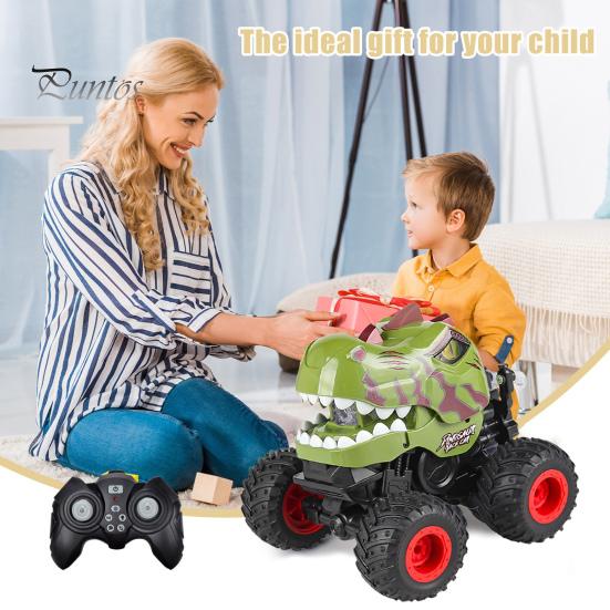 Remote Control Dinosaur Truck Toy with Spray Music Light 360 Degrees Rotating 4WD Stunt Vehicle Rechargeable Toddlers Boys Girls All-terrain Crawler