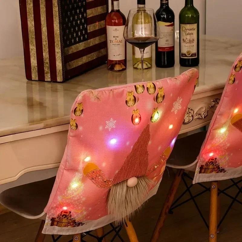 1-4PCS Christmas Gnome Chair Cover with Lights Pink Holiday Seat Slipcover for Dining Table Decor Home Party Gift Accessory