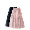 Qooth Sweet Bow Women A Line Tulle Ruffle Skirt Wide Hem Mid Length Elastic Waist Casual Skirt QT2655