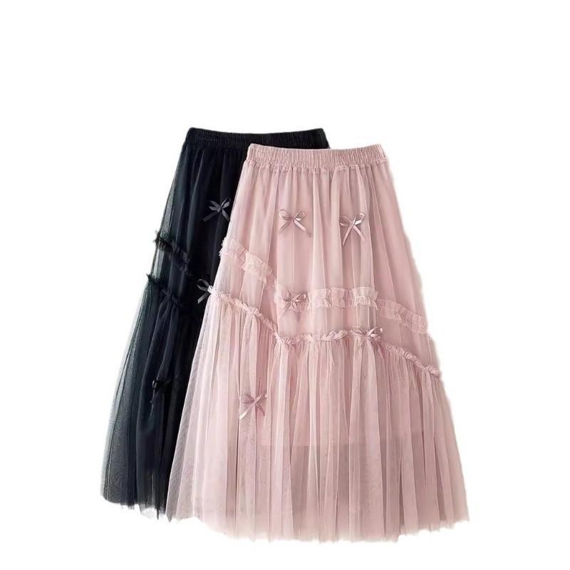 Qooth Sweet Bow Women A Line Tulle Ruffle Skirt Wide Hem Mid Length Elastic Waist Casual Skirt QT2655
