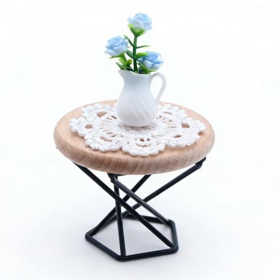 1/6 1/12 Scale Miniature Dollhouse End Table Furniture Wooden Round Side Tea Table Model with Tablecloth And Potted Flower for Dollhouse Decoration