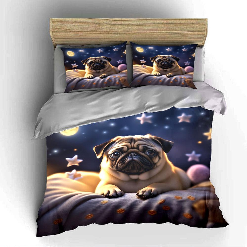 Adorable Pug with Starry Night Bedding Duvet Cover Set  (1*Duvet Cover 2*Pillowcases, Without Duvet Insert)