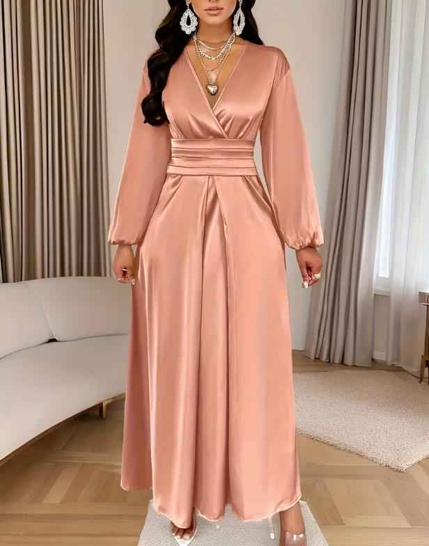 Women's Satin V Neck Wrap Lantern Sleeve Bandage Waist Pleated Maxi Dress Solid Color Casual Dress