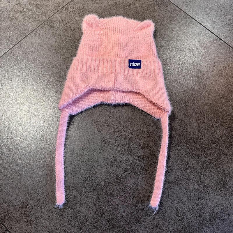

Sweet Colored Candy Cat Ear Shaped Women Warm Knitted Hat With Ear Protection Pink