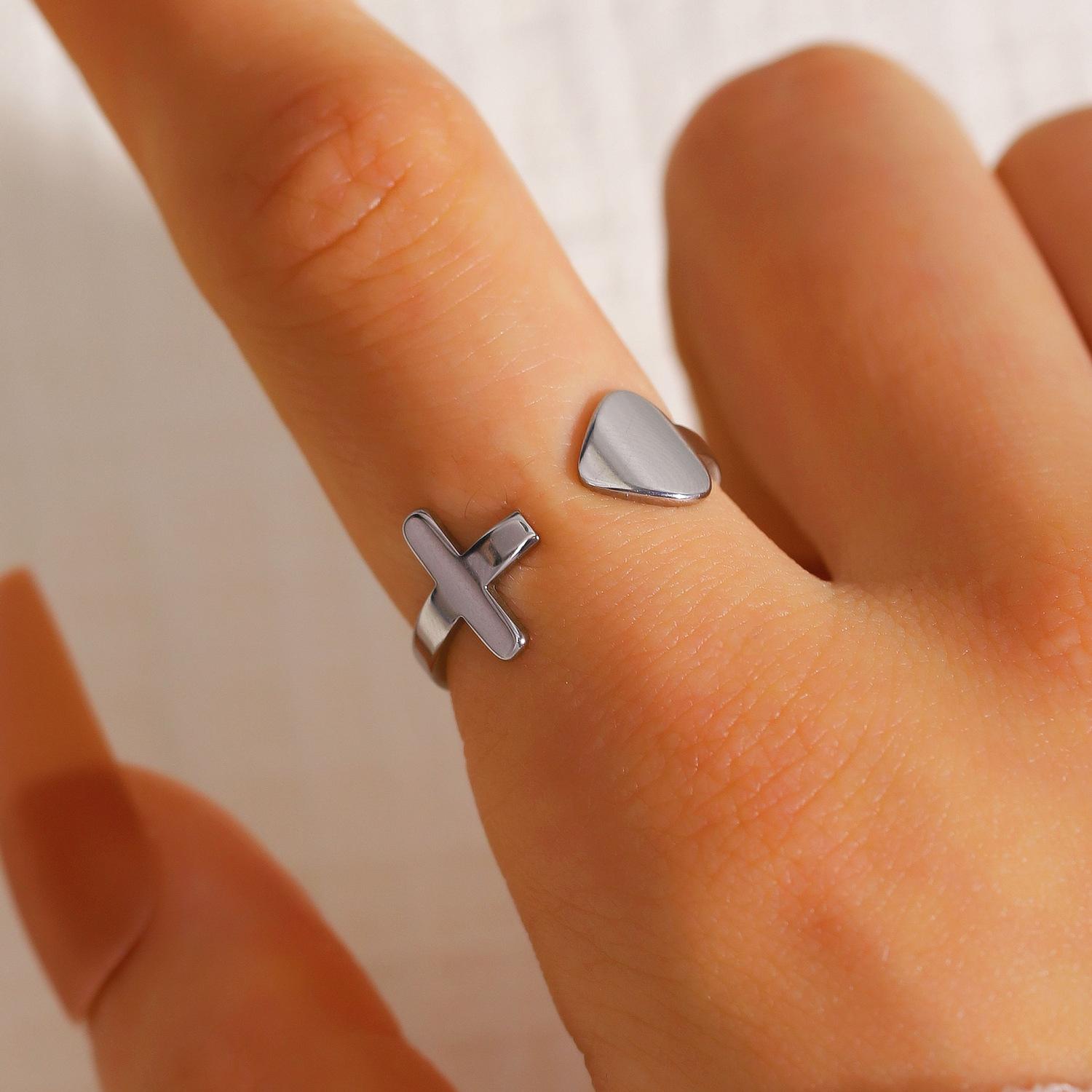 Minimalist Cross and Heart Open Ring Adjustable Statement Band
