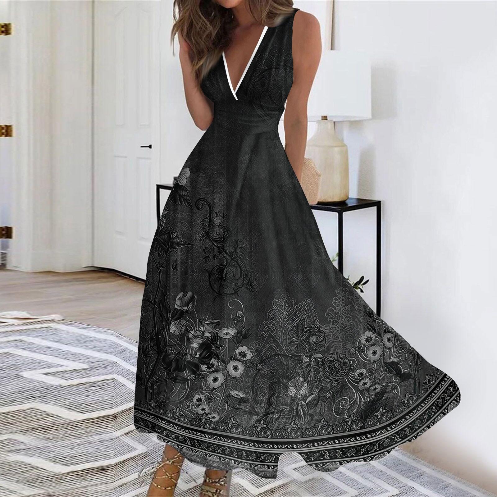 

Женские летние модные повседневные платья без рукавов с цветочным принтом и V-образным вырезом L чёрный