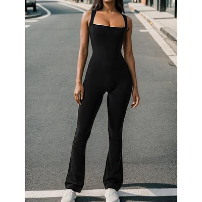Solid Color Square Neck Vest Seamless Yoga Sports Flared Pants Tight Sexy One Piece Jumpsuit Fashion Elegant Beach Vacation Wear