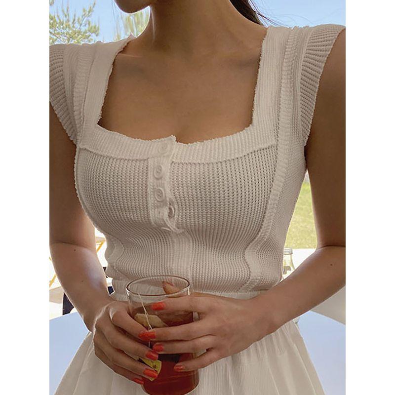 

Knit Square Neck Camisole Button Fit Knitting Square Collar Camisole Button WHITE One size