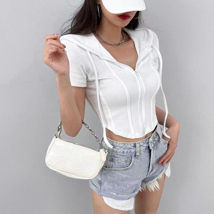 French Spice Girl Short Hooded Short Sleeve T-Shirt Women s Cardigan Summer Thin Slim Skinny Niche Women s Top S белый