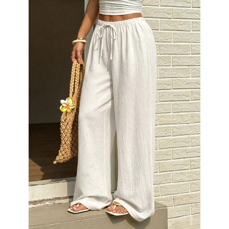Women Casual Elastic Drawstring High Waist Wide Leg Pants Loose Lightweight Beach Vacation Trousers