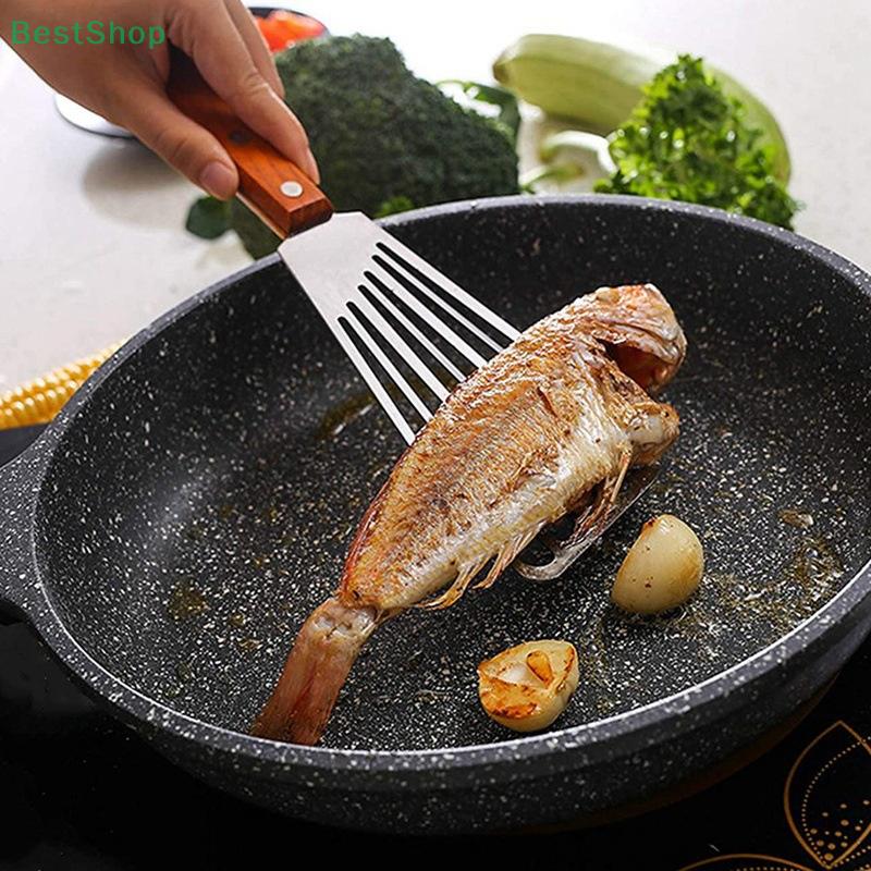 Stainless Steel Wooden Handle Fan-shaped Hollowed-out Flipping Fish Spatula BBQ Cooking Spatula