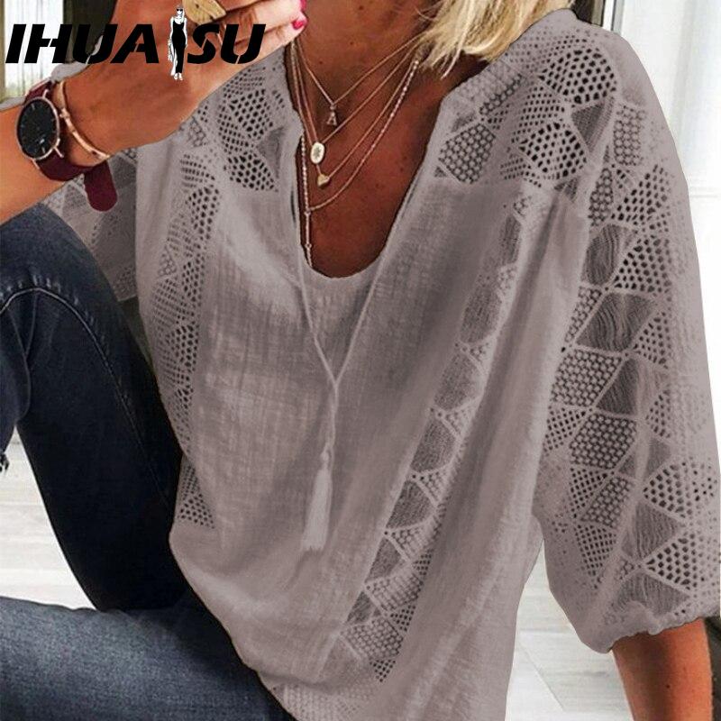 IHUASU Women's Fashion Casual Solid Color Print V Neck Blouses & Shirts